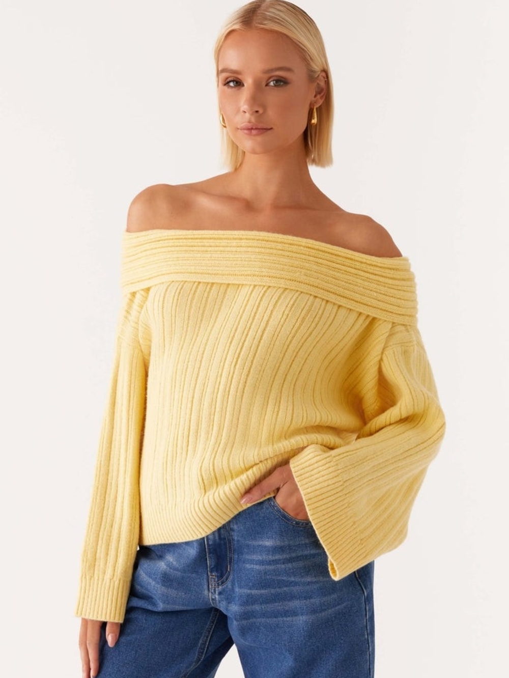 Peppermayo Pale Yellow Off-the-Shoulder Ribbed Sweater